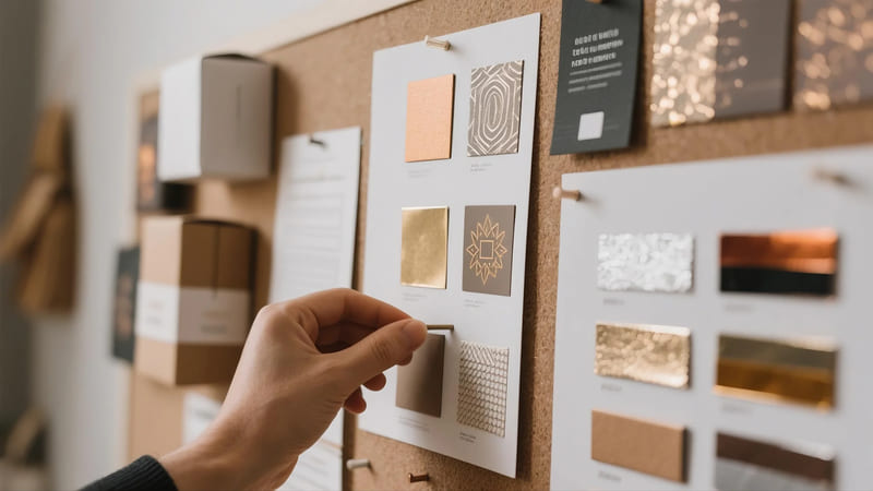 mood board or decision-making process for choosing packaging finishes