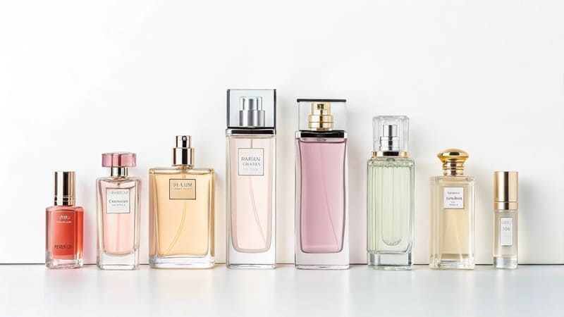 perfume bottles lined up in various standard sizes from small to large