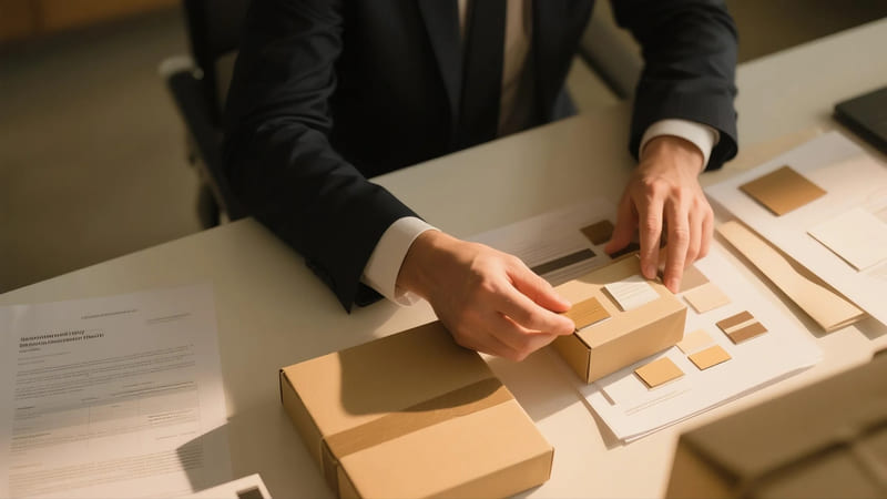 person carefully evaluating packaging samples and supplier documents