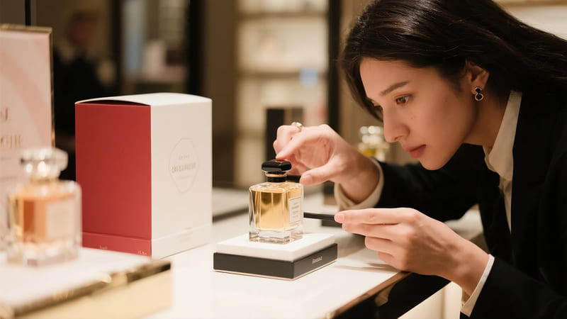 person carefully inspecting perfume packaging and bottle for authenticity