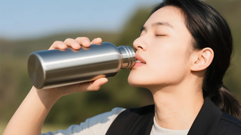 person drinking from a reusable stainless steel water bottle