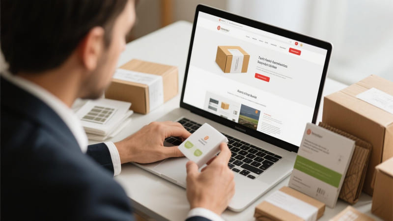 person evaluating an online packaging supplier's website and product samples
