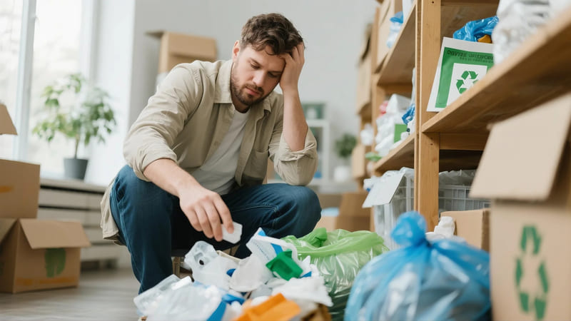 person facing challenges of being eco-friendly: higher cost, effort in sorting
