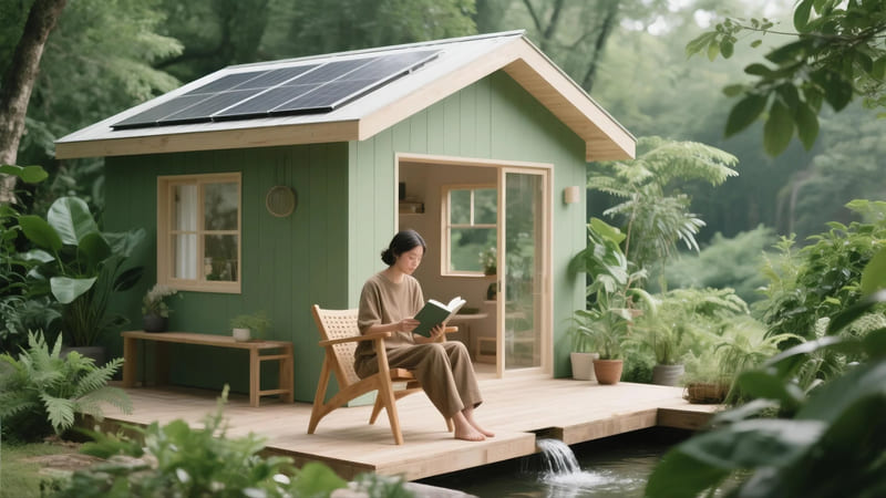 person living an idealized, extremely minimalist and self-sufficient eco-friendly lifestyle