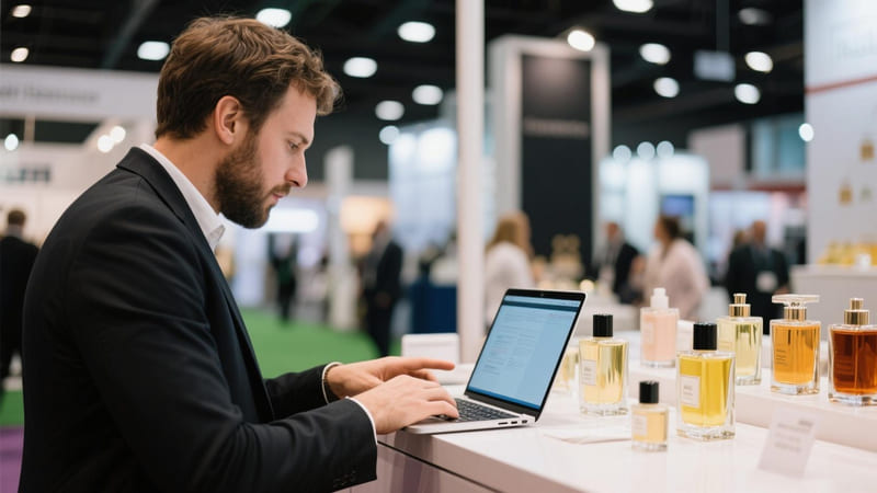 person researching fragrance wholesalers online and at a trade show