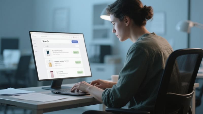 person searching for cosmetic packaging suppliers on a laptop