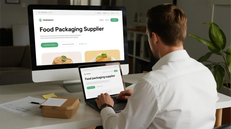 person using a laptop to search for food packaging suppliers on various online platforms