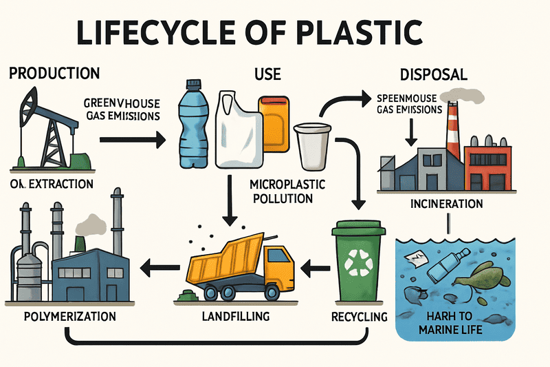 diagram showing the lifecycle of plastic from production to disposal, highlighting environmental impact points
