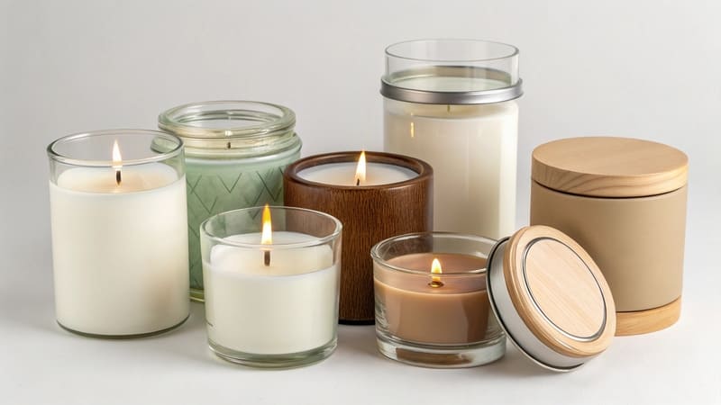 safe and suitable candle containers: glass jar, ceramic pot, metal tin