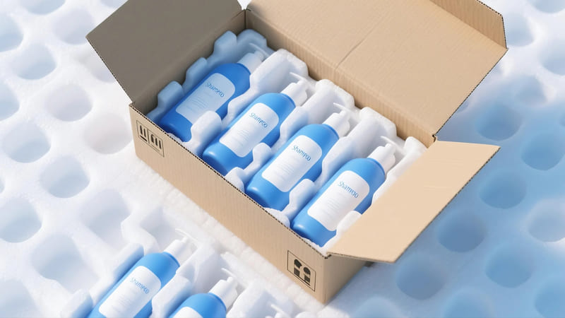 shampoo bottles being carefully packed into a shipping box with protective materials