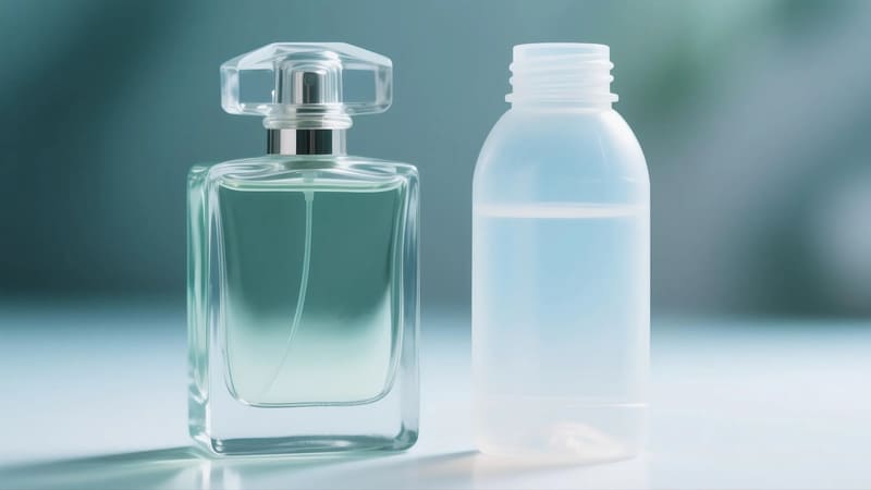 side-by-side comparison of perfume in a glass bottle vs. a hypothetical plastic bottle