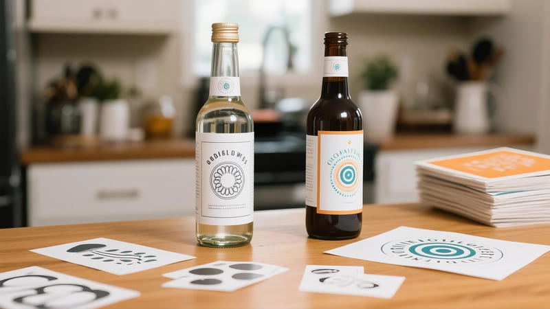 steps for labeling bottles at home: design, print, cut, apply