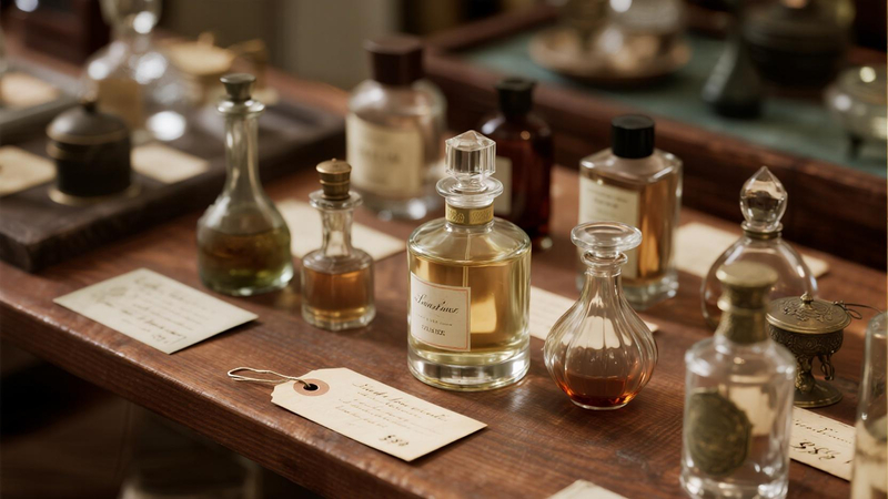 various antique perfume bottles with illustrative price tags