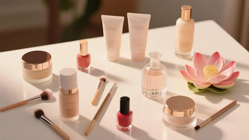 various beauty products with their essential packaging