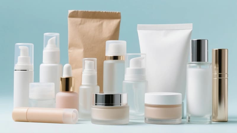various cosmetic packaging materials: plastic, glass, paper, metal
