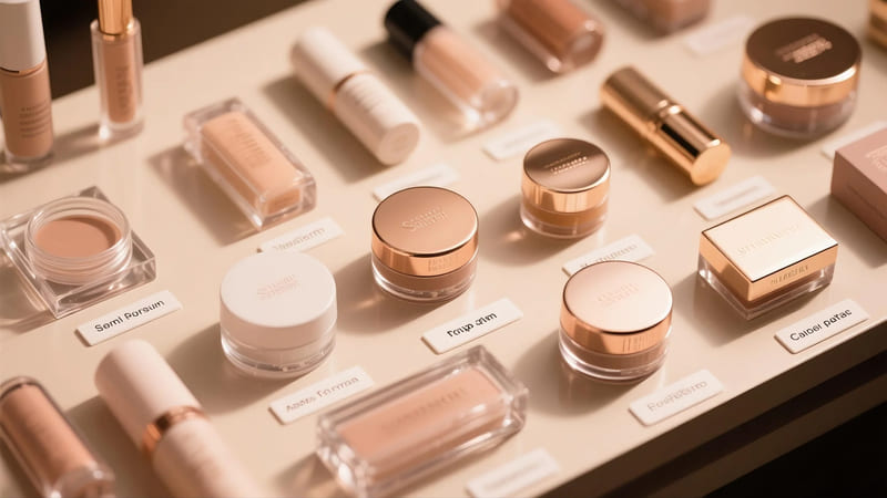 various makeup packaging components with their names labeled