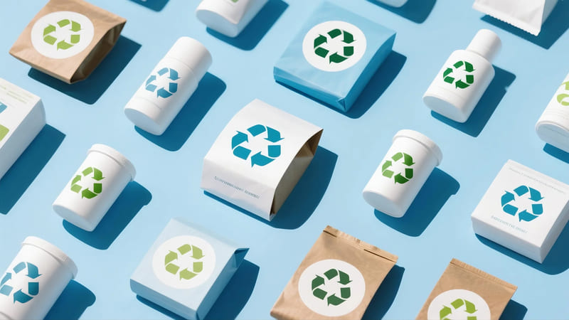 various product packaging with recycling symbols