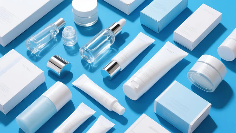 various skincare packaging options including bottles, jars, tubes, and boxes