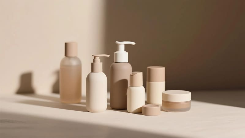 various sustainable cosmetic packaging options like refillable containers, PCR plastic, and minimalist designs