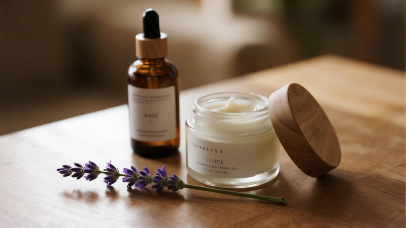 A bottle of lavender essential oil next to a jar of cream