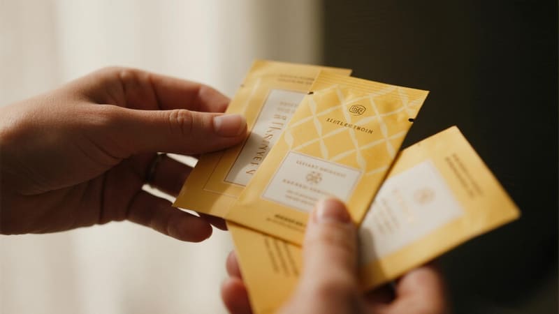 person carefully examining physical packaging samples