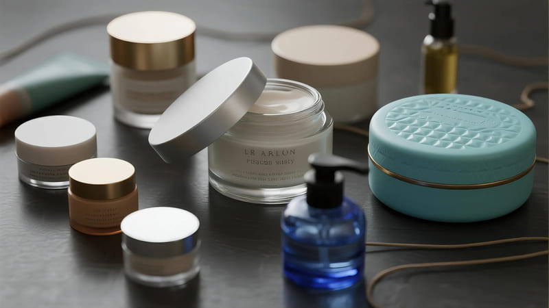 A collection of easy-to-open cosmetic jars and bottles with textured lids.