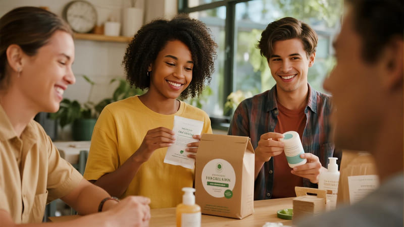 diverse consumers interacting with sustainable and personalized cosmetic products