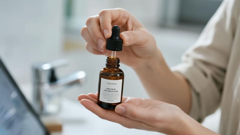 A person applying a facial serum from a dropper bottle