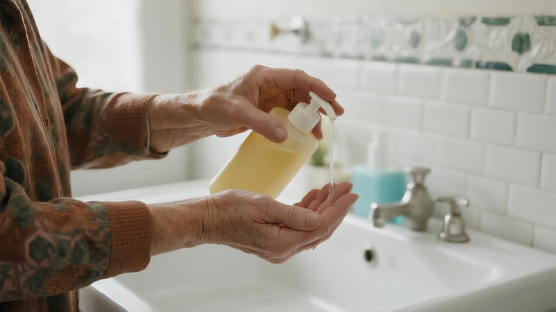 An elderly person easily dispensing lotion from a pump bottle.