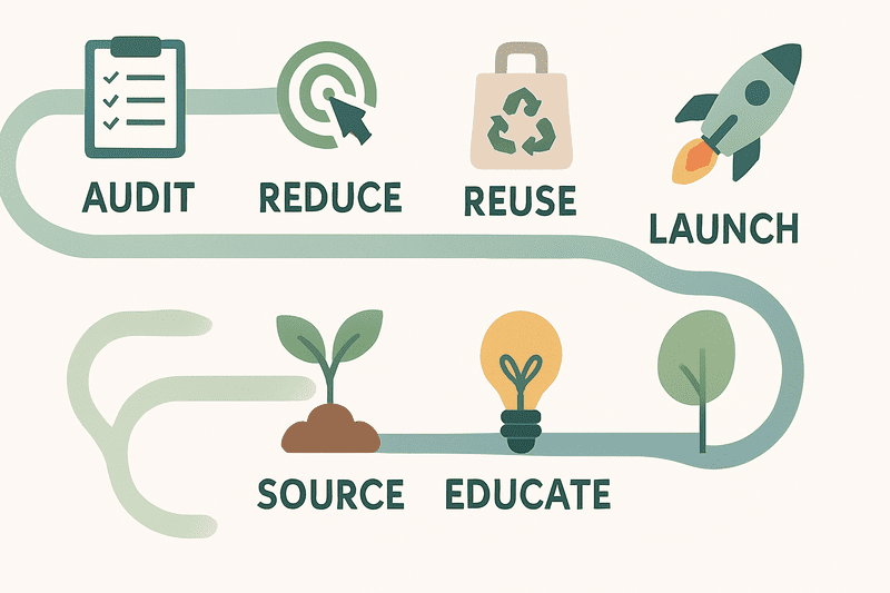 a flowchart or circular diagram showing the steps to implement eco-friendly packaging