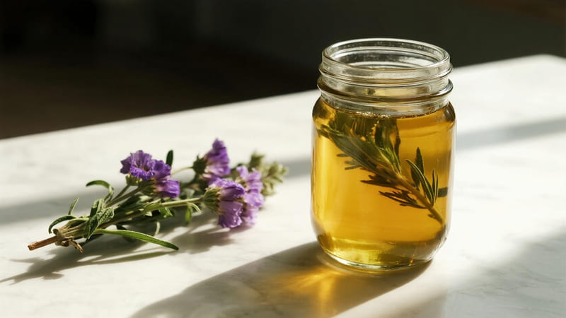 Herbs steeping in a glass jar of oil in the sun