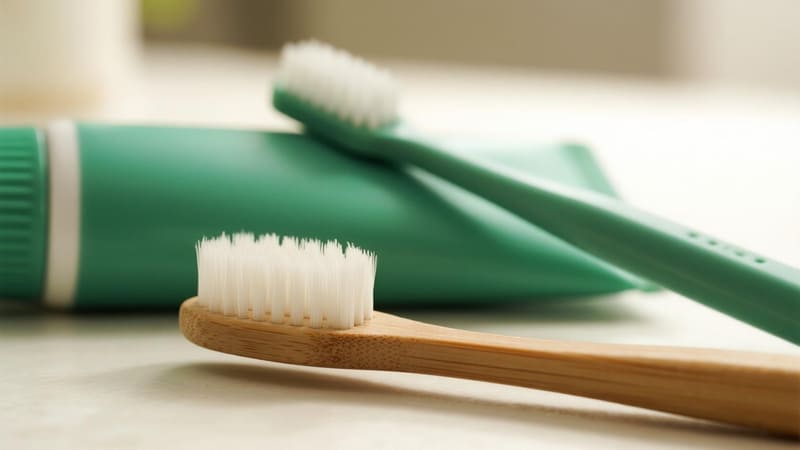 a bamboo toothbrush next to a plastic toothbrush