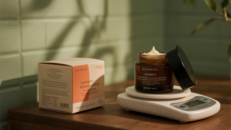 a cosmetic jar on a scale next to its box showing the net weight