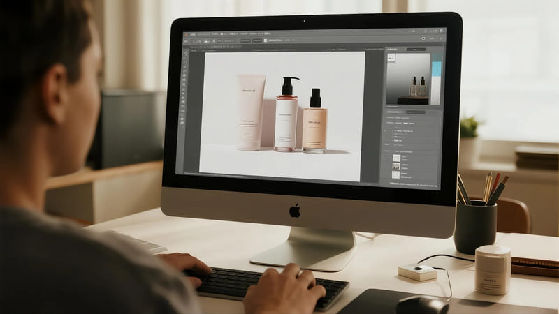 a designer working on custom cosmetic packaging designs on a computer