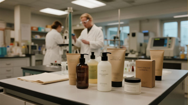 a lab setting where cosmetic products in new eco-friendly packaging are being tested