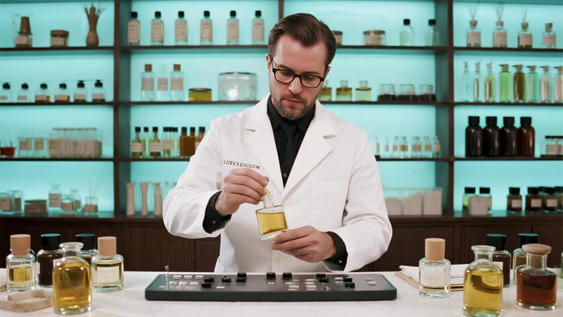 a perfumer working at a perfume organ with many raw materials