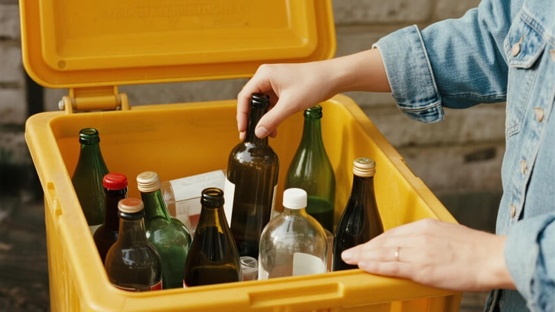 a person placing clean glass bottles of various types into a recycling bin