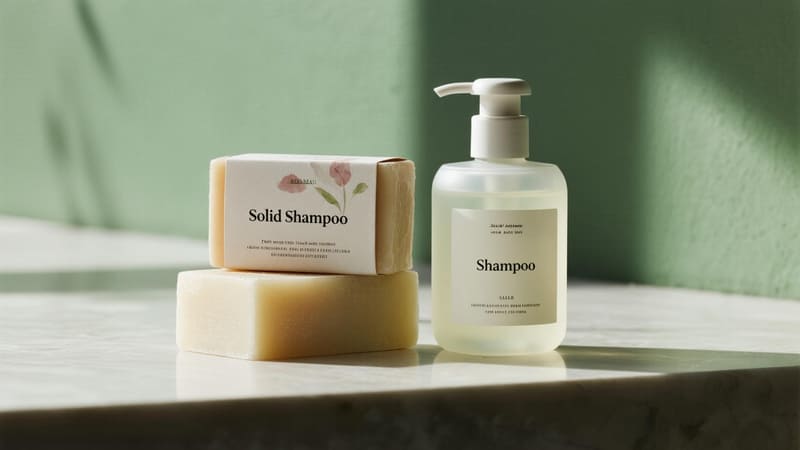 a solid shampoo bar next to a plastic shampoo bottle