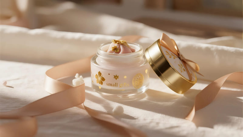 beautifully decorated empty face cream jars filled with small gifts