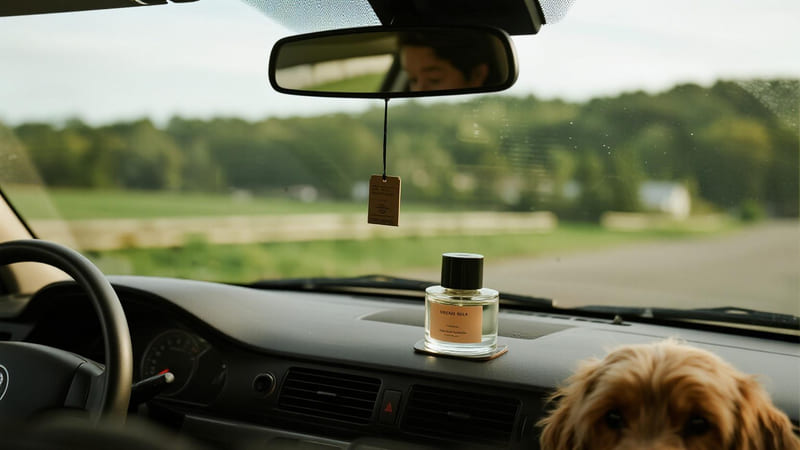 A dog looking out a car window with a caution sign overlay