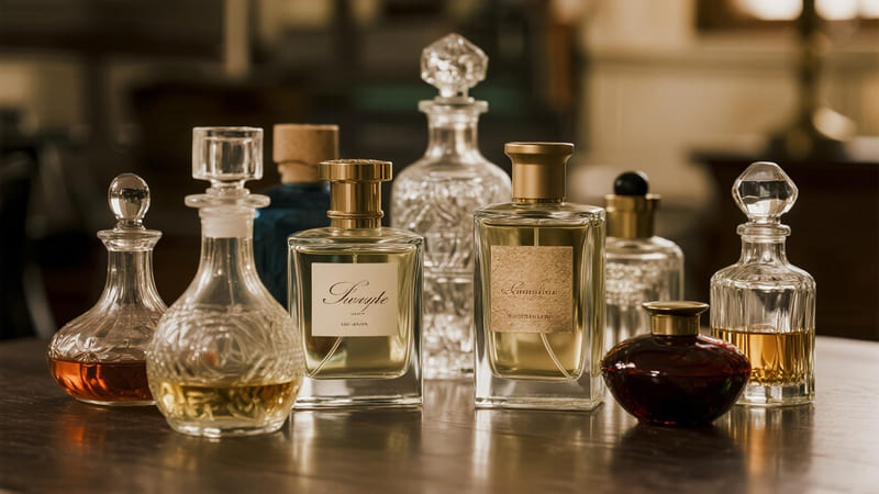 collection of antique perfume bottles made from various old materials