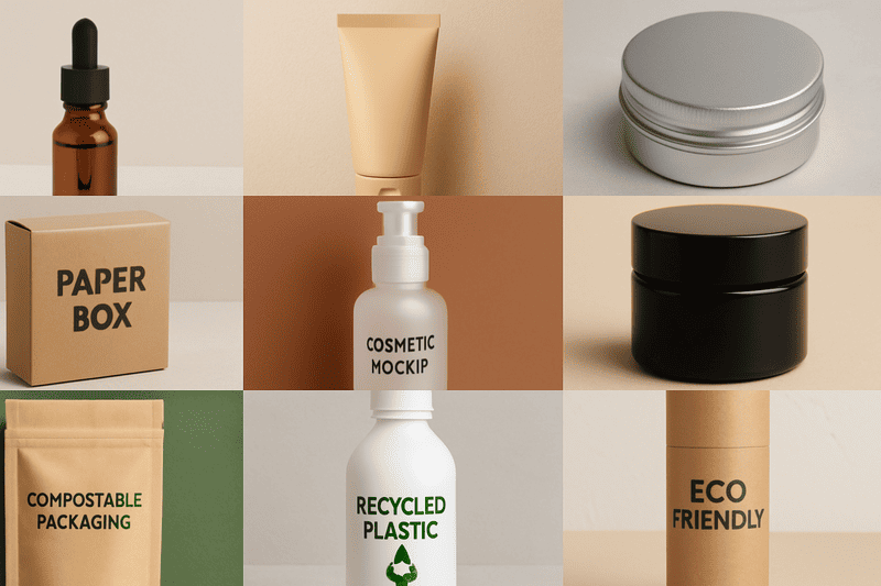 collage of various cosmetic packaging materials