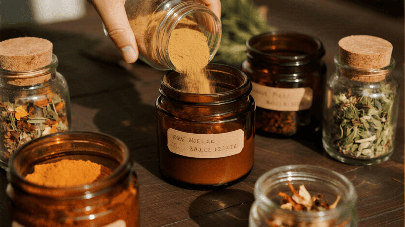 dried herbs being stored in labeled amber glass jars