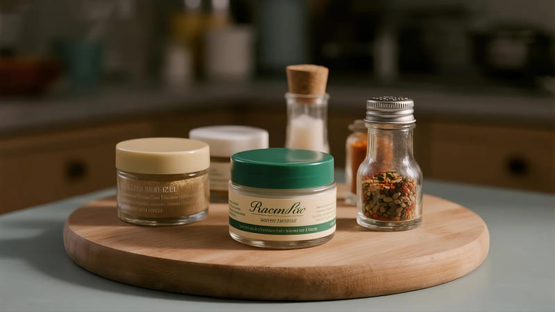 empty face cream jars repurposed as a stylish set of spice jars