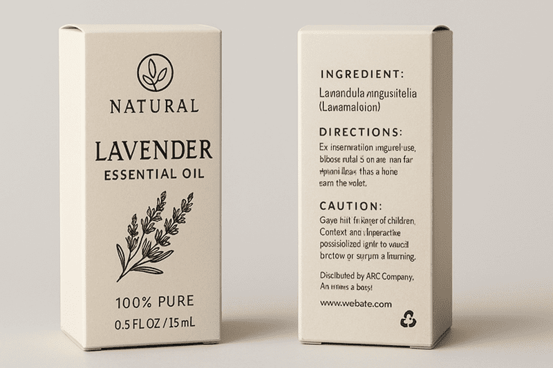 a custom essential oil box showing both the front branding and the back informational panel