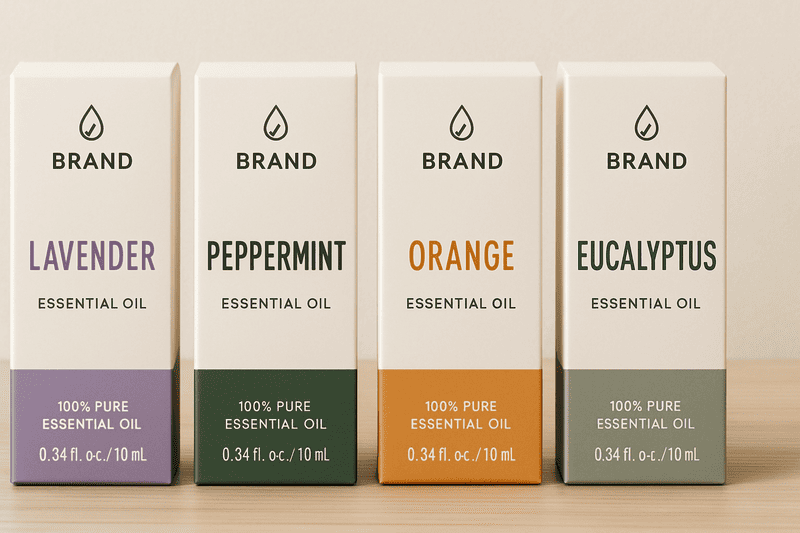 a lineup of different essential oil boxes from the same brand, showing a cohesive design system