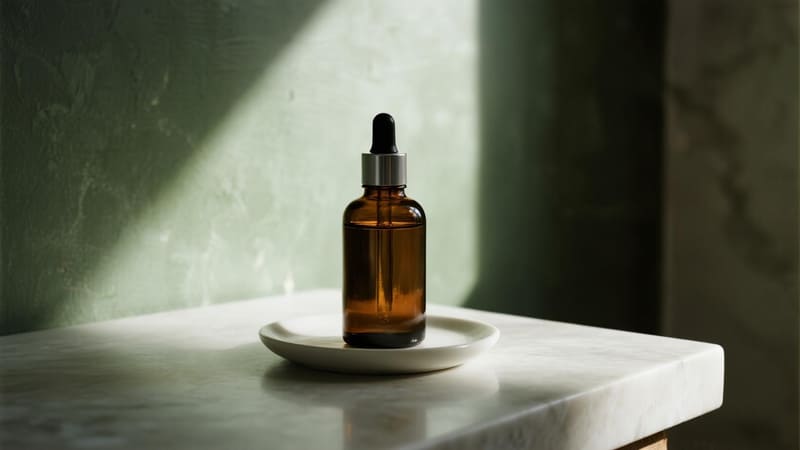 essential oils safely stored in dark glass bottles