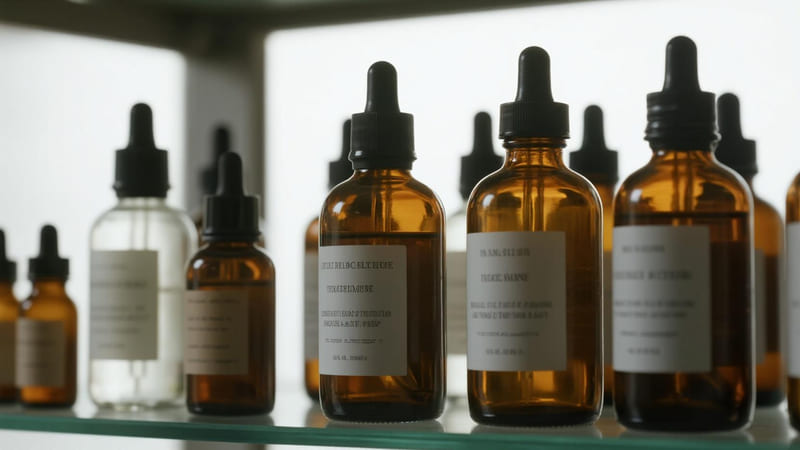 glass tincture bottles on a shelf