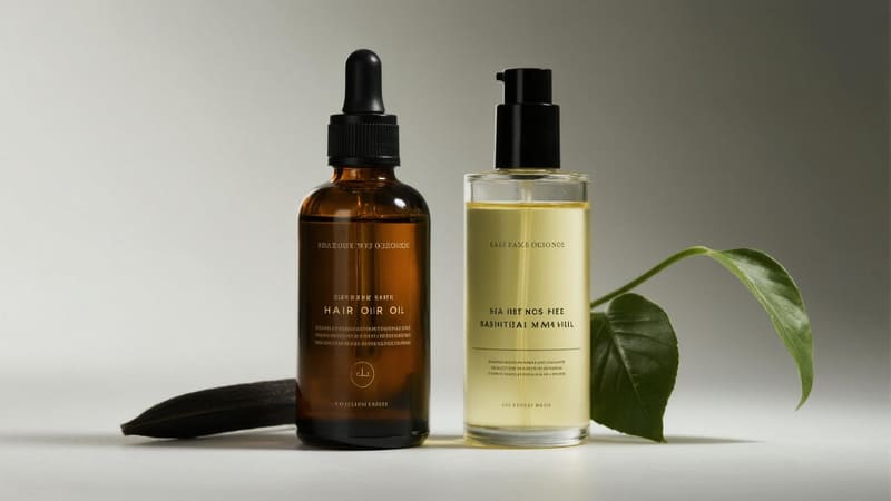 side-by-side comparison of hair oil in a glass bottle vs. a plastic bottle