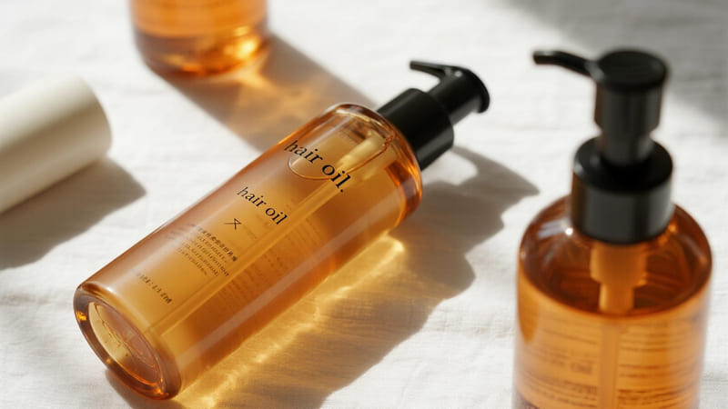 hair oil in a practical plastic bottle with a pump